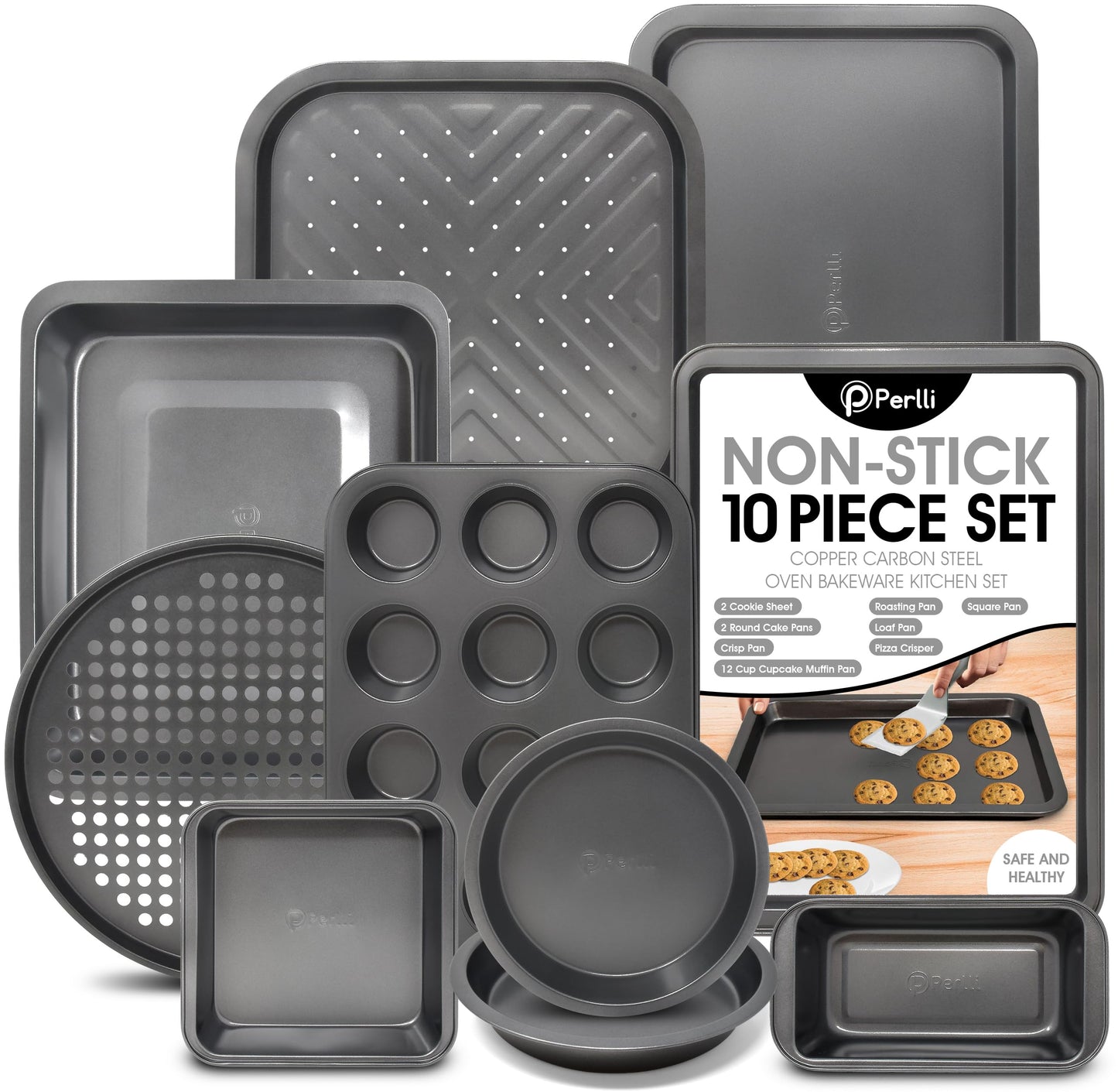 PERLLI Non-Stick 10-Piece Bakeware Set – Carbon Steel with Even Heat Distribution, Oven Safe to 446°F, BPA-Free, Dishwasher Safe, Stackable Baking Tools for Easy Storage and Everyday Cooking - Gray