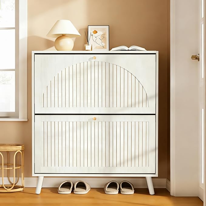 Shoe Storage Cabinet for Entryway with 2 Flip Drawers, Narrow Wood Shoe Cabinet with Fluted Panel, Freestanding Hidden Shoe Organizer for Foyer, Hallway (White - with Shelf)