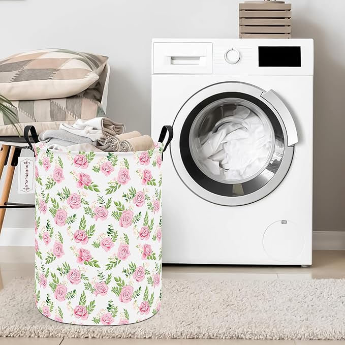 QUEENLALA Large Storage Basket,Laundry Hamper/Bathroom/Home Decor/Collapsible Round Storage Bin,Boys and Girls Hamper/Boxes/Clothing(Round-Pink roses)