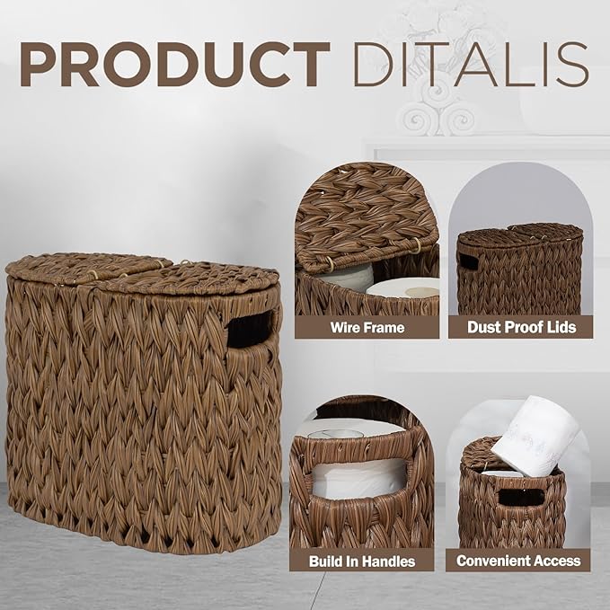 Toilet Paper Storage with Double Lid, Toilet Paper Basket for Storage, Waterproof & Freestanding Tissue Holder for Bathroom, 4 Rolls, Brown