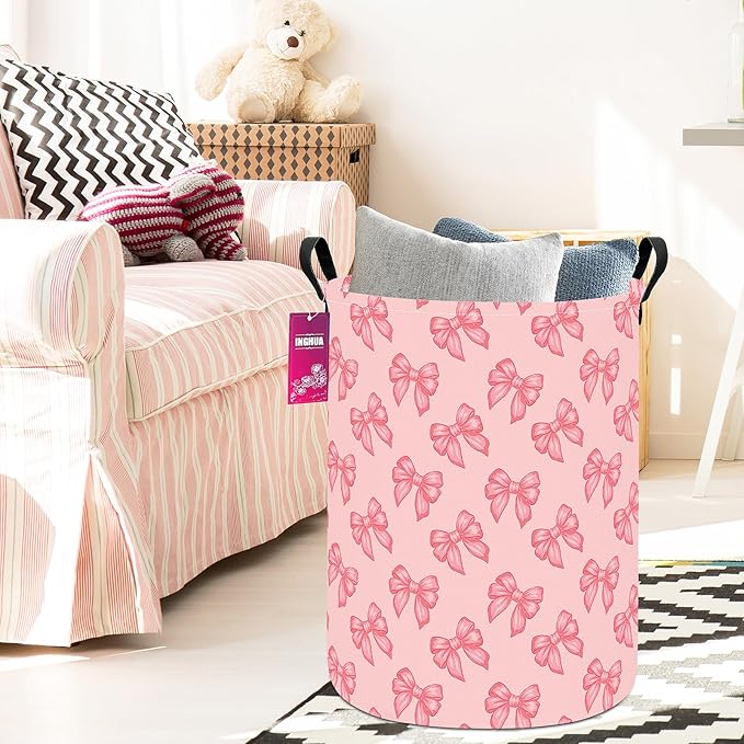 Laundry Hamper Large Canvas Fabric Lightweight Storage Basket/Toy Organizer/Dirty Clothes Collapsible Waterproof for College Dorms, Boys and Girls Bedroom,Bathroom(Pink bowknots)