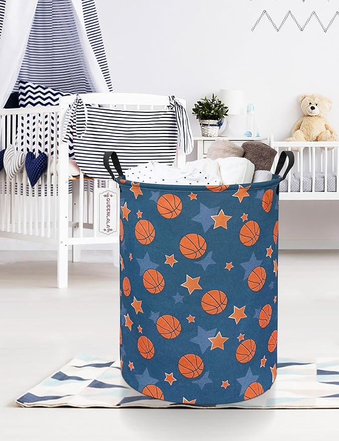 QUEENLALA Large Storage Basket,Laundry Hamper/Bathroom/Home Decor/Collapsible Round Storage Bin,Boys and Girls Hamper/Boxes/Clothing(Round-Basketball)
