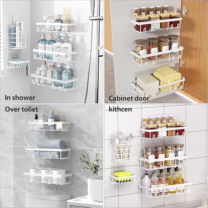 5 Pack Shower Caddy Organizer Rack Shelf for Inside Shower, Self Adhesive Wall Storage Basket Rustproof Stainless Steel Shampoo Holder Bathroom Accessory Decor Set, White