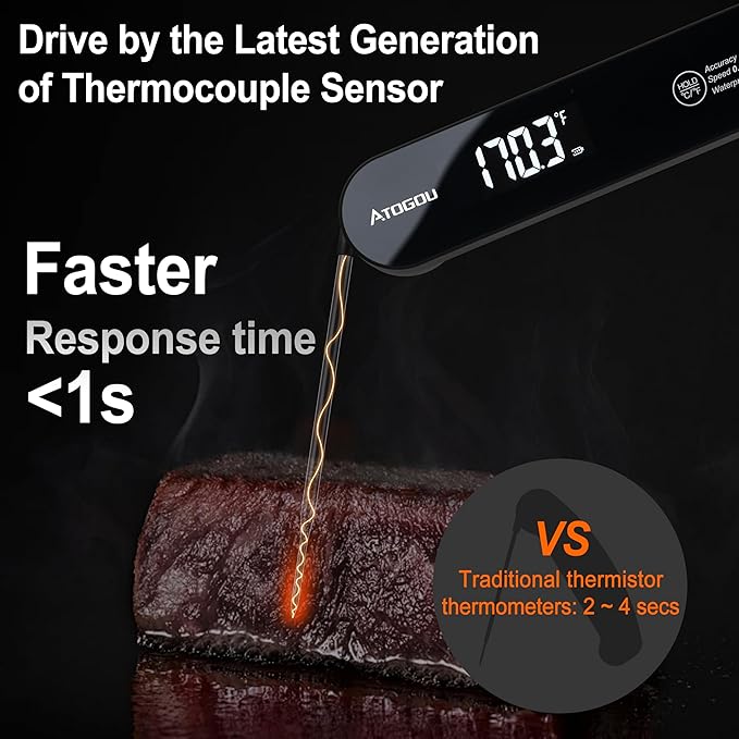 Atogou The Latest Thermocouple Food Thermometer, IPX7 Waterproof, Black
