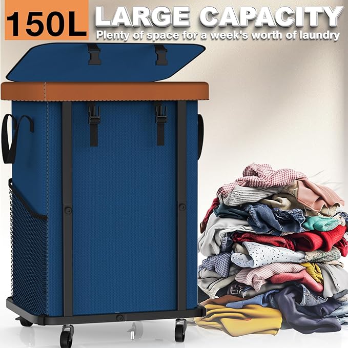 150L (40 Gal) Large Fashion Laundry Basket with Wheels, Leather Patchwork Rolling Hamper Carts, Sturdy Metal Frame, Removable Washable Bag, Tall Clothes Sorter for Bedroom, Laundry Room - Navy Blue