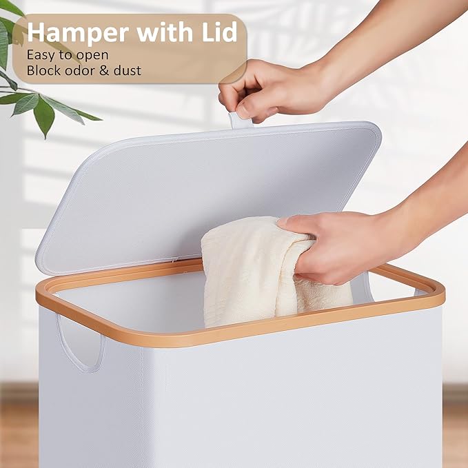 Slim Laundry Basket with Lid, Narrow Dirty Clothes Hampers for Laundry with Handle, Skinny Laundry Bin for Laundry Room, Dorm, Bedroom and Bathroom, 19.8 Gallon (75L) White