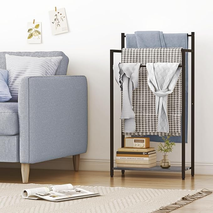 Freestanding Towel Rack, 3 Tier Blanket Ladder Stand with Oak Grey Wooden Shelf for Bathroom Living Room (31.5”H x 16.9”W x7.9”D)