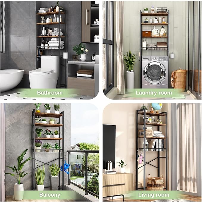 Over-The-Toilet Storage Rack, 4-Tier Bathroom Organizer Shelf Over Toilet with Adjustable Shelf and Basket, Freestanding Space Saver Bathroom Shelves Above Toilet for Room (Vintage Brown)