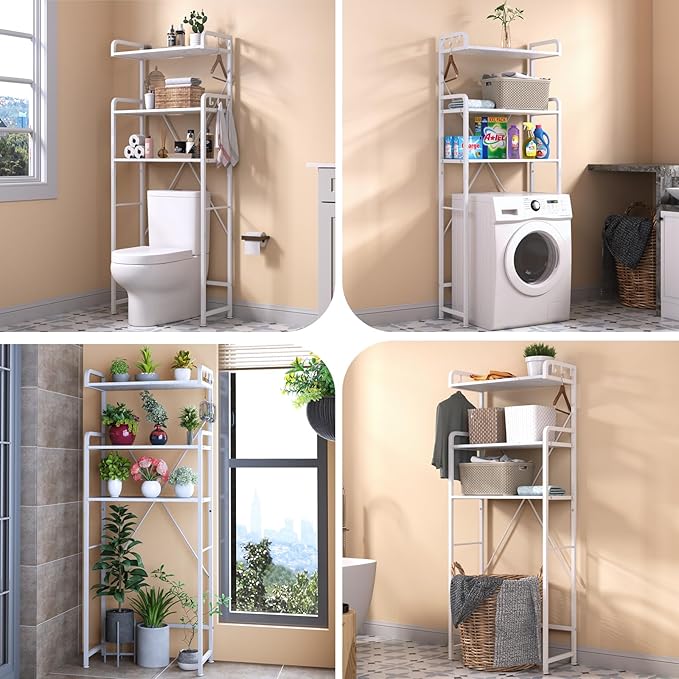 Over The Toilet Storage Rack with 3-Tier Bathroom Shelves, Space Saver Toilet Shelf, Bathroom Storage Organizer with Hooks for Over Toilet Storage and Bathroom Shelf (White Faux Marble)