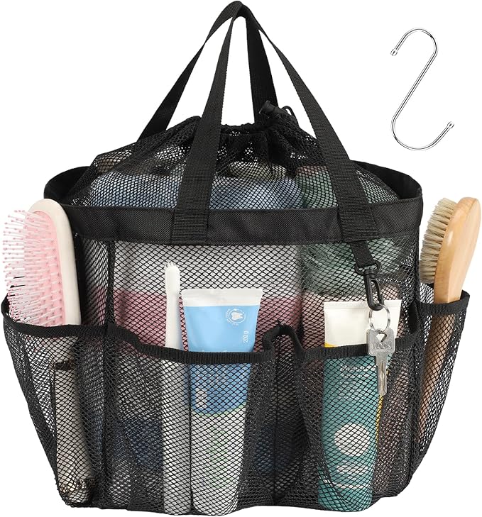 F-color Mesh Shower Caddy Portable with Drawstring - Large 8 Pockets Dorm Room Essentials for Guys Girls with S Hook, Shower Bag Basket Tote for College Camping Gym Travel Toiletry Bathroom, Black