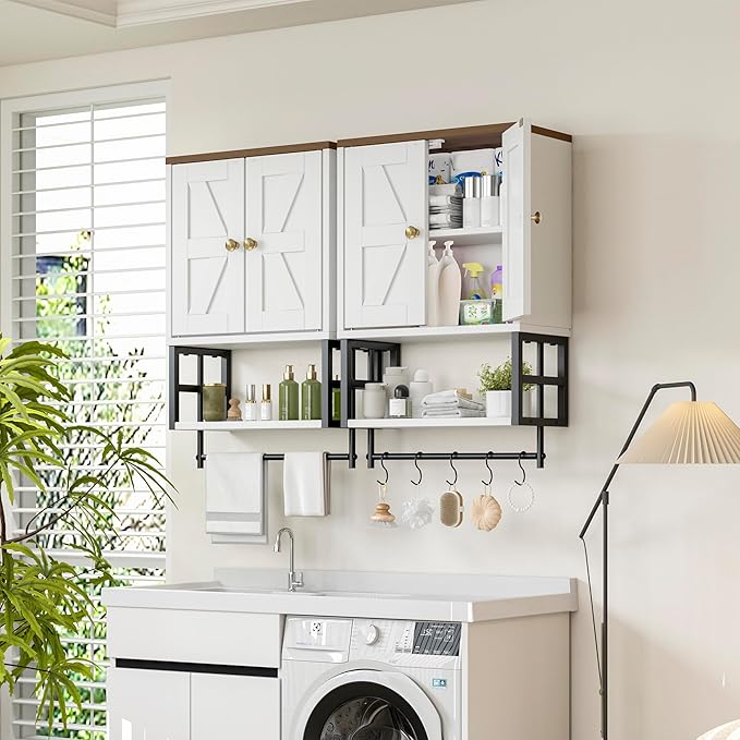 Farmhouse Medicine Cabinet - 3-Tier Wall Mounted Storage Organizer with Adjustable Shelves, Towel Bar, 5 Hooksfor Small Bathroom, Laundry Room, Over Toilet, Living Room, Bedroom (White)