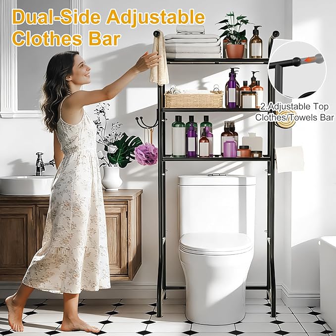 3-Tier Over The Toilet Storage Shelf，Bathroom Organizers and Storage Over Toilet，Metal Bathroom Space Saver with 2 Bars，1 Paper Holder and 4 Hooks,Black