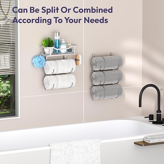 SWTYMIKI Over The Door Towel Rack - 6 Tier Towel Racks for Bathroom Wall Mounted, Towel Holder with Shelf, Hanging Rolled Towel Storage Organizer for Small Bathroom, Camper, RV, Sliver