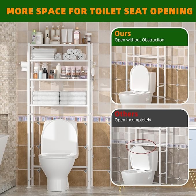 4-Tier Over The Toilet Storage Cabinet, Space Saver Over Toilet Bathroom Organizer and Storage, Metal Shelves for Bathroom/Living Room/Laundry/Balcony, White
