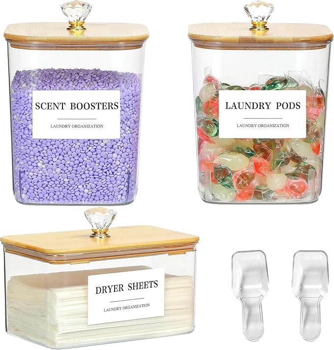 3 Pack Plastic Laundry Pods Container & Dryer Sheet Holder with Lids, Labels & Scoops - Laundry Powder Container for Laundry Room Organization and Storage