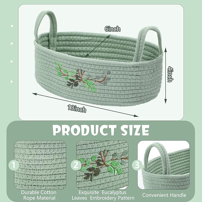 Vesici Eucalyptus Toilet Paper Basket Green Leaves Woven Cotton Rope Basket for Toilet Tank Top Botanical Bathroom Countertop Organizer for Bedroom Nursery Organizing, 13 x 6 x 4 Inch