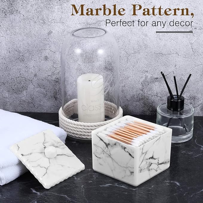 Luxspire Cotton Swab Storage Box with Lid, Q-Tip Swab Holder Cotton Ball Canister Jar Cotton Bud Round Dispenser Box, Cosmetics Makeup Countertop Vanity Bathroom Organizer Containers, Marble White