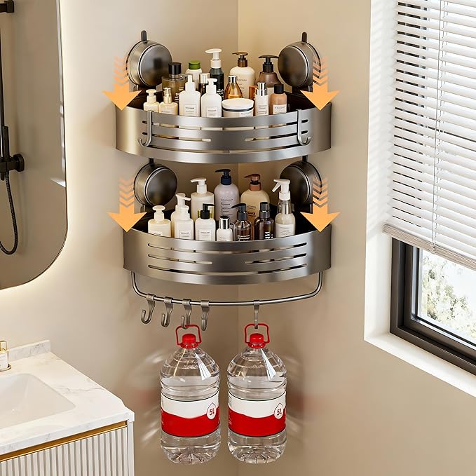 Corner Suction Cup Shower Caddy(2-Pack Gray),No-Drilling Aluminum Shower Shelf with Towel Bar & Hooks,Removable Bathroom and Kitchen Storage Organizer.