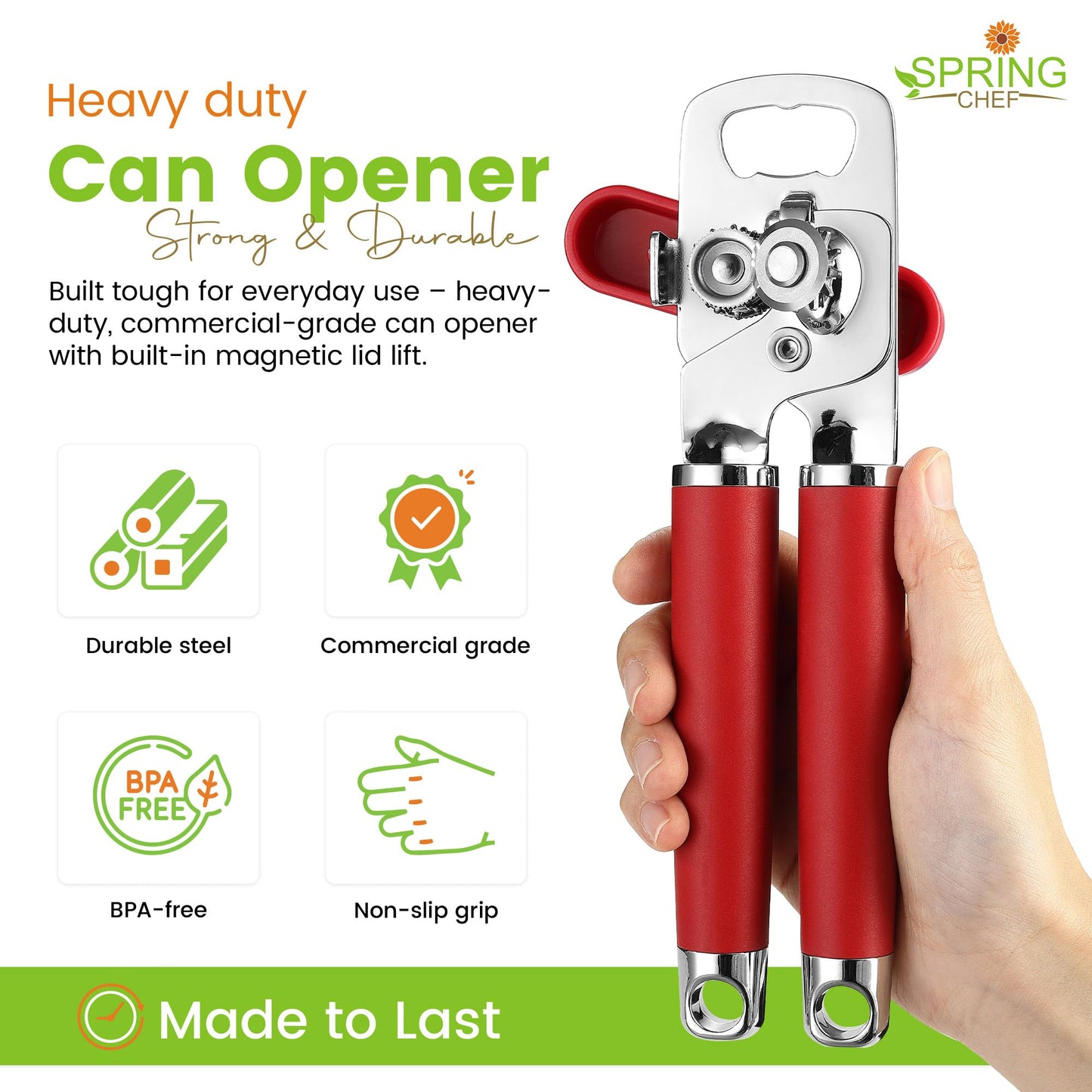 Spring Chef Stainless Steel Manual Can Opener w/Soft Grip Handle, Aqua Sky