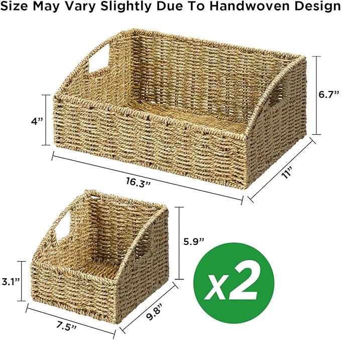 Ollieroo Rattan Storage Baskets, Handwoven Wicker Storage Bins with Built-in Handles, Storage Container Baskets for Shelves, Bedroom, Bathroom, Laundry Room or Kitchen(Green)
