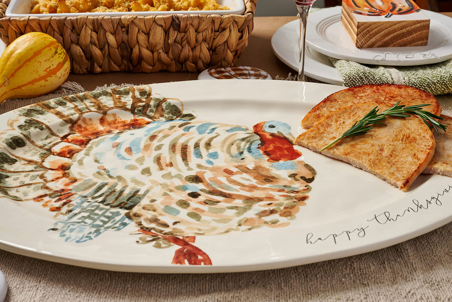 Mud Pie Turkey Platter, Large Thanksgiving Serving Platter, White Ceramic