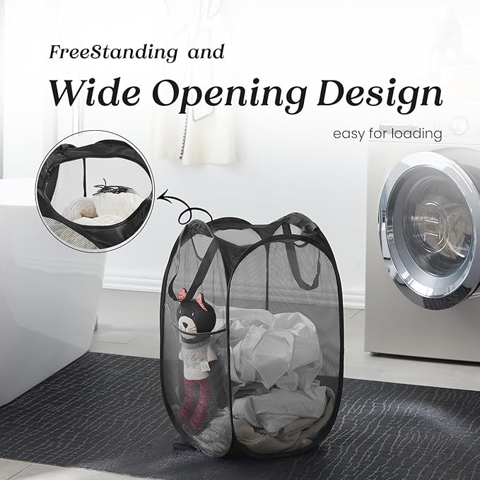 TECHMILLY Upgraded 105L Collapsible Mesh Pop Up Laundry Hamper with Sturdy Handles and Side Pocket - Portable Foldable Clothes Baskets for Dorm, Bathroom & Travel Storage (Black Plus，2 Packs)