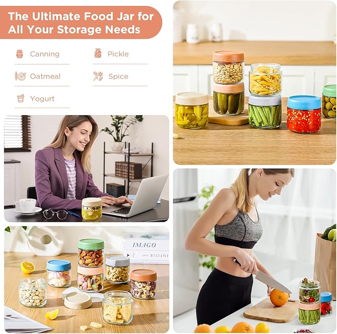 DRKIO 10 Oz Overnight Oats Containers with Lids - 6 Pack Glass Storage Jars with Airtight Lids Wide Mouth Mason Food Jars Great for Meal Prep Salad Chia Pudding Snacks Yogurt Sugar Spice Cereal