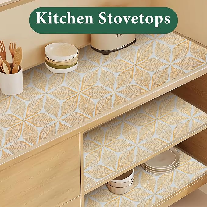 Drawer and Shelf Liner for Kitchen Cabinet: 23.6 in X 20 Ft Waterproof Shelf Paper Non Adhesive Refrigerator Liners Golden Leaf Easy Liners for Bathroom with Knife Tape Measure