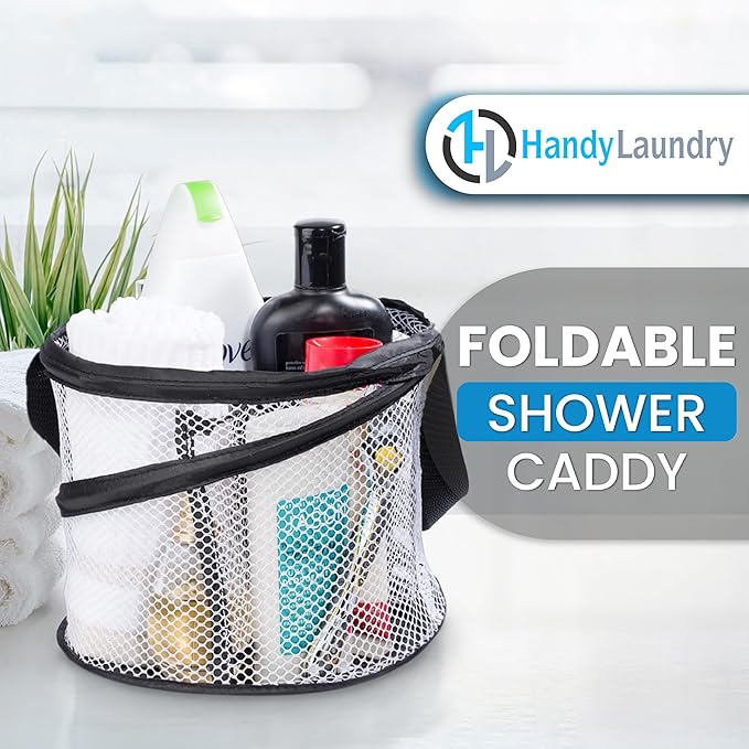 Handy Laundry Foldable Shower Caddy - Collapsible, Portable, Drainage Hole, Carry Handle, Large Compartments, Great Organizer for Camp, Travel, Gym, and Dorm (Black)
