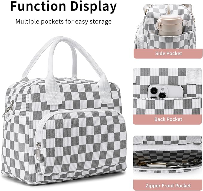 Lunch Bag Women Lunch Box for Women Adult Cute Insulated Lunch Bag Lager Cooler Lunch Tote Bags for Work Picnic (Beige-Gray Plaid)