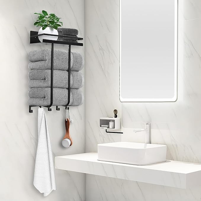 Towel Racks for Bathroom, Towel Rack Wall Mounted with Metal Shelf and 5 Hooks for Small Bathroom, Towel Holder for Bathroom, Bath Towel Storage for Rolled Towels Organizer, Black