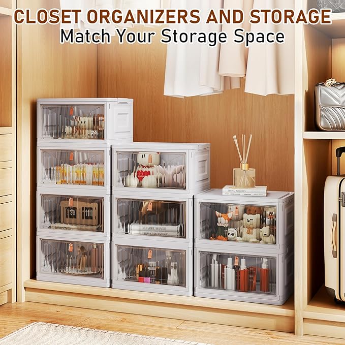 4 Tier Stackable Plastic Storage Bins with Lid and Wheels - 23 QT Closet Organizers and Storage, Foldable Storage Containers, Organization and Storage Boxes for Craft, Home, Pantry, Dorm, Grey