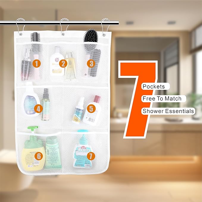 Shower Organizer, Mesh Shower Caddy Quick Drying Hanging, 7 Pockets With 6 Hooks, Hanging Portable, Can Store Soap, Loofah Shampoo and Cruise Ship Essentials, 17 Inch by 26 Inch, White, 2 Pack