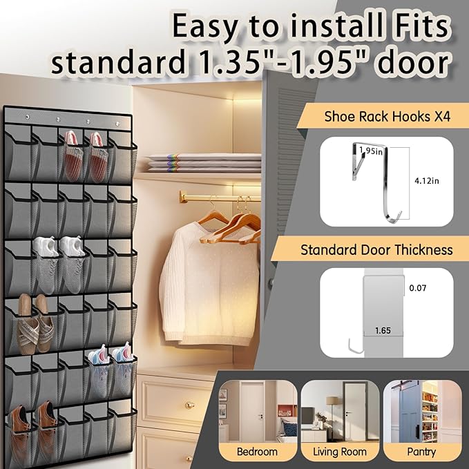 Over the Door Shoe Organizer with 30 Breathable Mesh Pockets - Large Capacity Closet Storage for Men & Women, Hanging Shoe Rack Organizer (2PC-Gray)