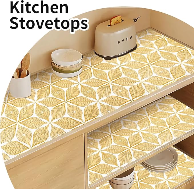 Shelf Liners for Kitchen Cabinets 17in x 20FT, Non Adhesive Cabinet Liner Strong Non-Slip Golden Leaf Drawer Liner, Easy to Clean for Shelf, Cabinet with Knife and Tape Measure