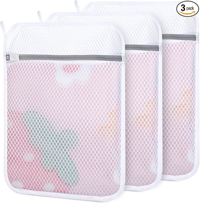 3 PCS Durable Honeycomb Mesh Laundry Bags for Delicates with Zipper, 12 x 16 Inches Reusable Laundry Bag Mesh Wash Bags for Washing Machine for Clothes, Shoes, Socks, Underwear, Bra (M, White)