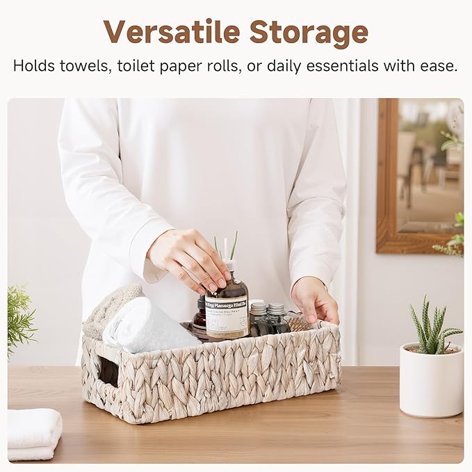 StorageWorks Wicker Toilet Paper Basket for Back of Toilet Baskets, Water Hyacinth Bathroom Basket Organizer and Storage for Tank Topper, Small Tank Trays for Decor with Built-in Handles, White