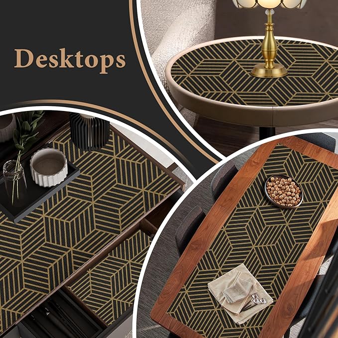 Shelf Liners for Kitchen Cabinets 17in x 30FT, Non Adhesive Cabinet Liner Strong Non-Slip Black Gold Geometric Drawer Liner, Easy to Clean for Shelf, Cabinet with Knife and Tape Measure