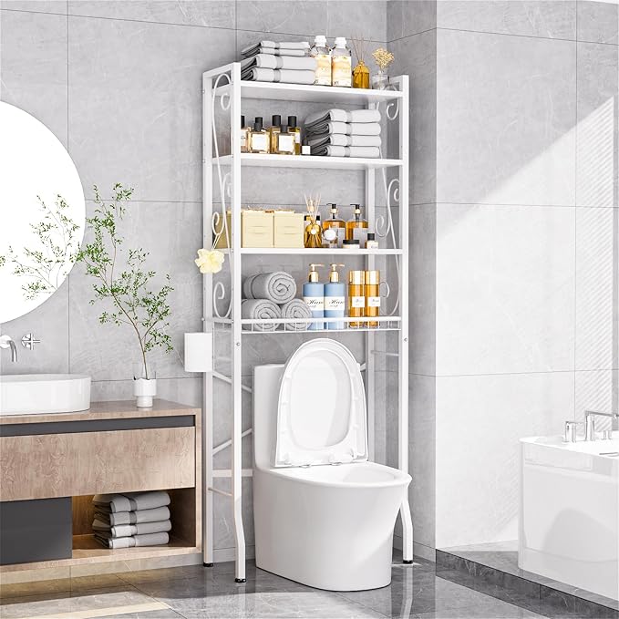 Over-The-Toilet Storage Rack 4-Tier,Bathroom Organizer Shelf Over Toilet,Adjustable Wooden Shelves and Basket,Freestanding Above Toilet Shelve,Space Saver for Rooms(White Rack-White Shelves)