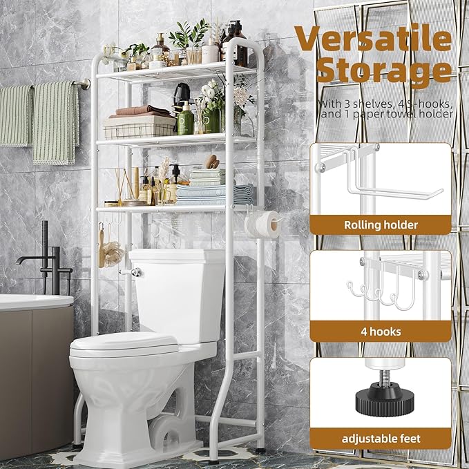 Simple Trending Over The Toilet Storage Rack, Metal 3 Tier Bathroom Organizer Shelf with Paper Holder and 3 Hooks, Freestanding Shelf Space Saver Above Toilet, White