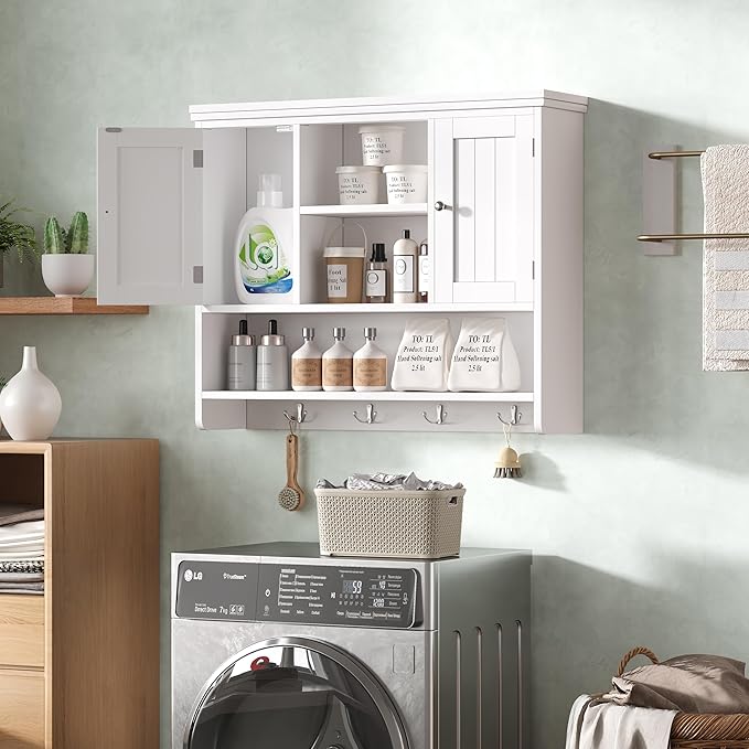 31.5" W Large Bathroom Wall Storage Cabinet with 2 Doors and 4 Hooks, Modern Medicine Cabinet with 3 Open Shelves, Wooden Wall Mounted Bathroom Cabinet for Kitchen, Living Room, White