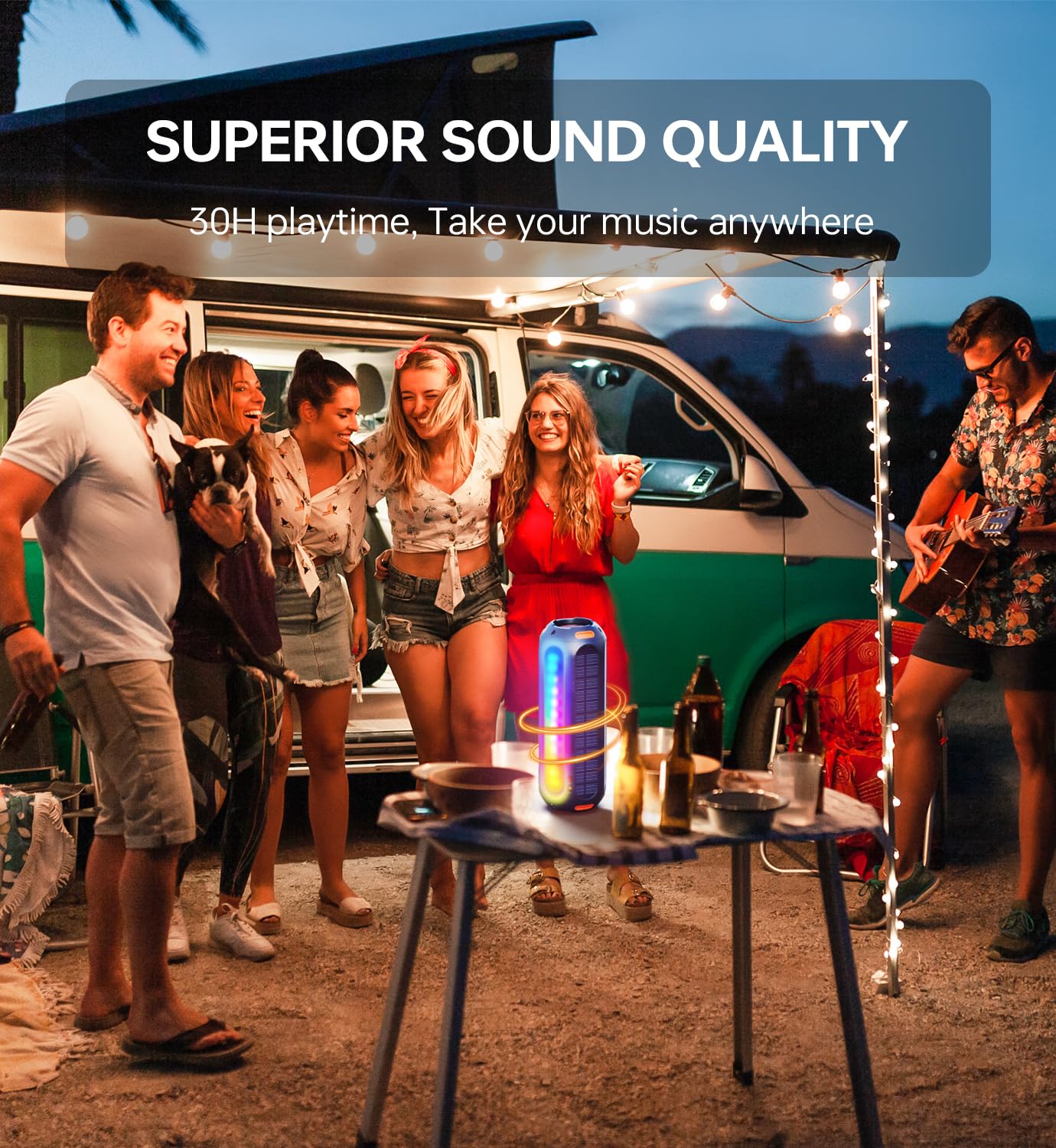 ABFOCE Magnetic Bluetooth Speaker, Golf Speaker with Solar Charging 30H Playtime, 7 Colorful Flashing Lights Outdoor Waterproof Portable Wireless, for Golf Cart Gifts Hiking Camping