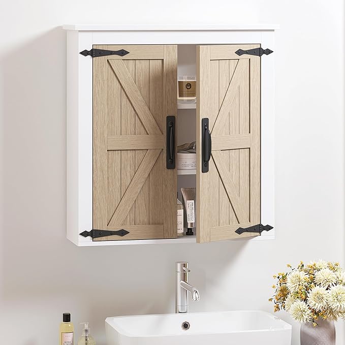 Spirich Bathroom Wall Cabinet Over Toilet, Farmhouse Wall Mounted Medicine Cabinet Organizer with Wood Grain Barn Doors and Adjustable Shelves