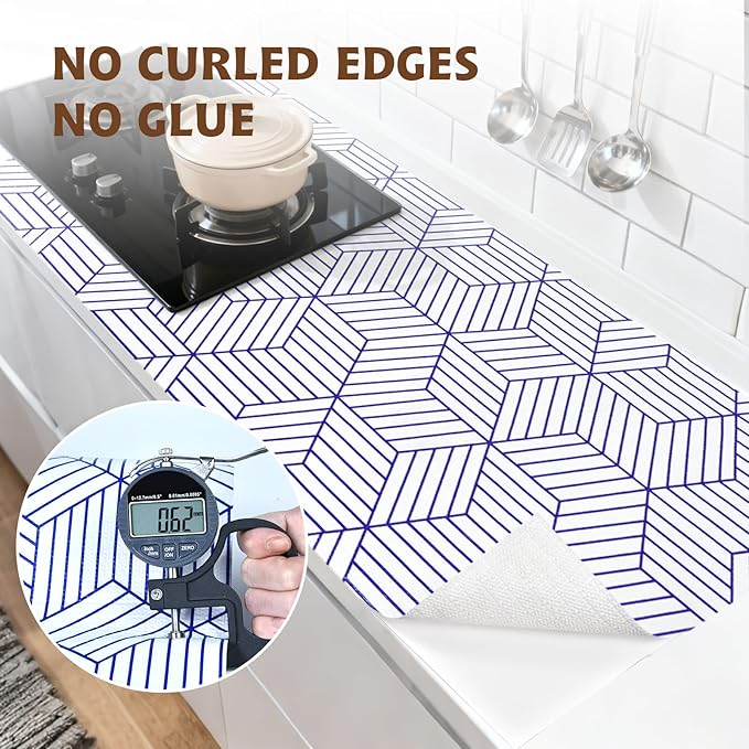 Shelf Liners for Kitchen Cabinets 12in x 20FT, Non Adhesive Cabinet Liner Strong Non-Slip White and Blue Geometric Drawer Liner, Easy to Clean for Shelf, Cabinet with Knife and Tape Measure