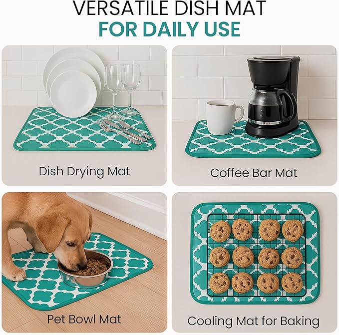Dish Drying Mat - Microfiber Kitchen Counter Mat, Super Absorbent & Quick Dry Dish Drying Pad for Dishes, Utensils, Pots & Pans - Large Reversible Drying Mat for Kitchen Countertops, Coffee Bar, Green