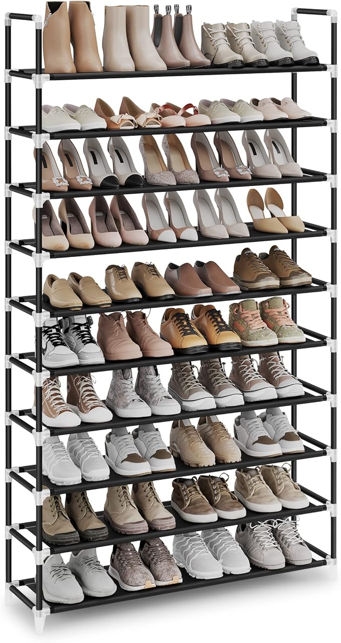 SONGMICS Shoe Rack, 10-Tier Shoe Shelf, Shoe Storage Organizer, 11 x 37 x 68.9 Inches, Metal Frame, Non-Woven Fabric Shelves, for Entryway, Bedroom, Black ULSH11H