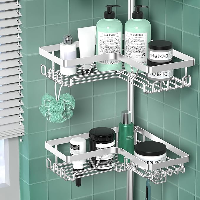 Shower Caddy Tension Pole - Corner Shower Shelves with Soap Holder Bathroom Shower Organizer for Tub (Stainless Steel, Silver, Floor to Ceiling 25-114.2 inch)