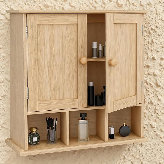 TaoHFE Natural Wooden Color Bathroom Wall Cabinet with 2 Door Adjustable Shelves,Over The Toilet Storage Wall Mounted Medicine Cabinets for Bathroom Laundry Room Kitchen
