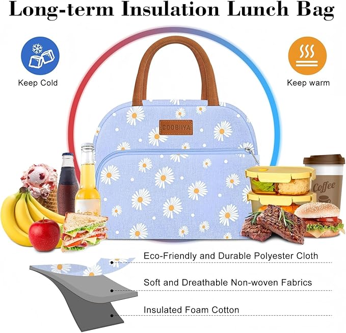 Coobiiya Lunch Bag Lunch Box for Women Men, Reusable Cute Lunchbag - Leakproof, Adult Insulated Lunch Box Tote with Large Capacity, Cooler Container for Work, Travel, Office (Blue Daisy)