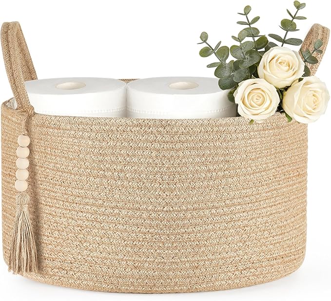 Mkono Storage Basket for Toilet Tank Top Boho Bathroom Decor Woven Rope Toilet Paper Tray Organizer for Shelf Bedroom Living Room, Jute, 13" L x 10" W x 9"H